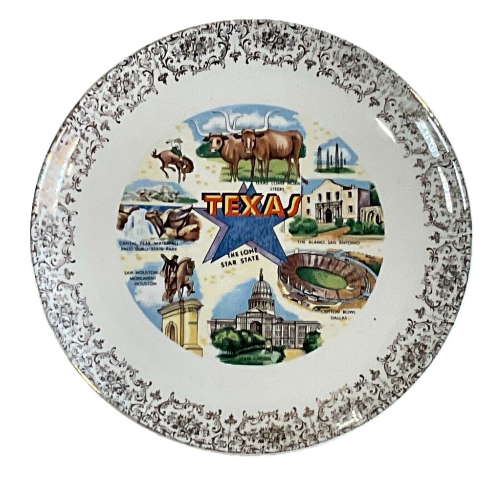 Texas The Lone Star State Souvenir 9” Plate Alamo Cotton Bowl Gold Trim Vintage